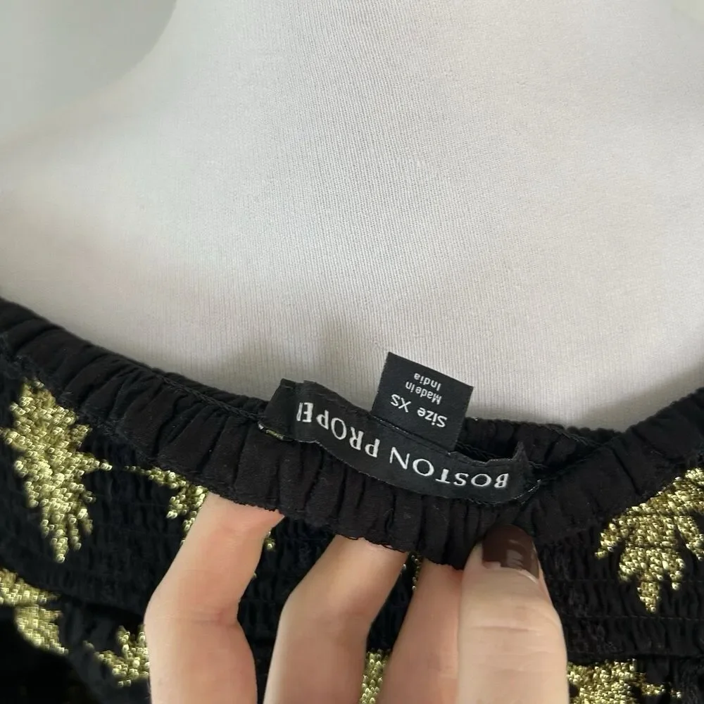 Boston Proper XS Off The Shoulder Dress Gold Black Mini Bell Sleeve Embroidered